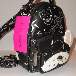 Betsey Johnson Backpack, NEW, Faux Leather Purse, White Star Black Skull, W96